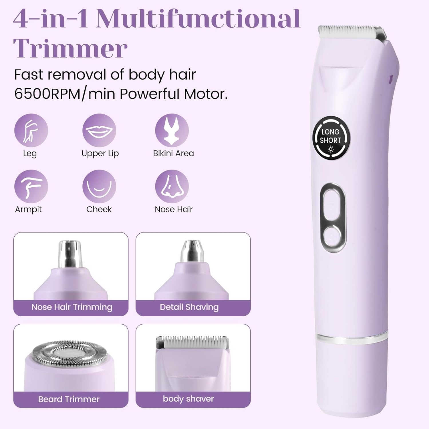Bikini Trimmer for Women Dermave Bikini Shaver 4 in 1 Pubic Hair Trimmer, Razor for Women Private Area with Dual Heads IPX7 Waterproof, Electric Shaver for Nose Eyebrows Beard Underarm Leg Arm - Image 2
