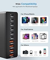 Vista 3 de Estación de carga USB C de 10 puertos con 4 cables USB, bloque de cargador GaN tipo C de 200W, adaptador de enchufe de regleta de alimentación