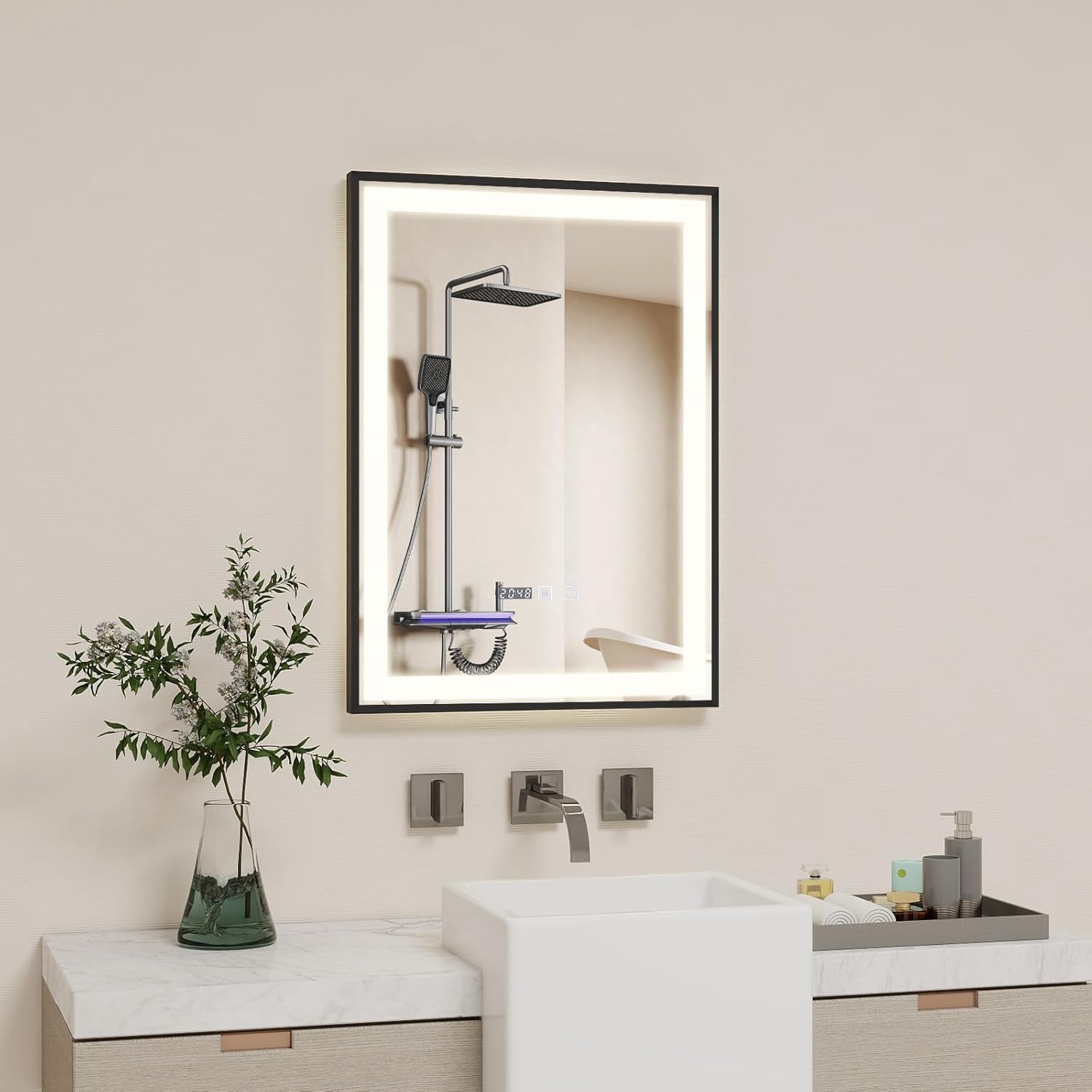 YOURLITE Badspiegel mit Beleuchtung 50x70,Badezimmerspiegel Led Badspiegel,UhrTouch-Schalter,Spiegel Bad mit Beleuchtung,3Lichtfarben Dimmbar,Antibeschlag,Wandspiegel,Speicherfunktion,Vertikal,Schwarz