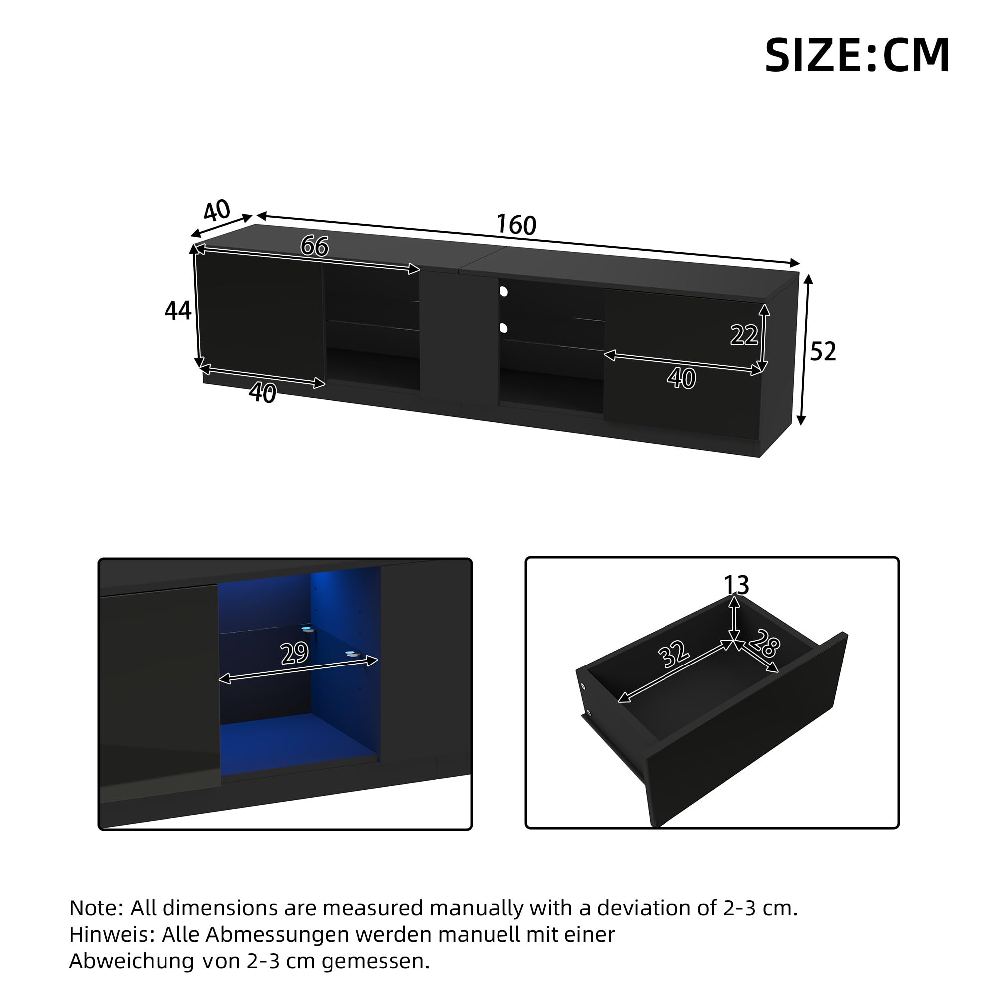Mueble bajo de TV de 160 cm con puertas y cajones, armario de TV con iluminación LED, soporte de TV, armario para sala de estar, TV para televisor de 65 pulgadas, color negro