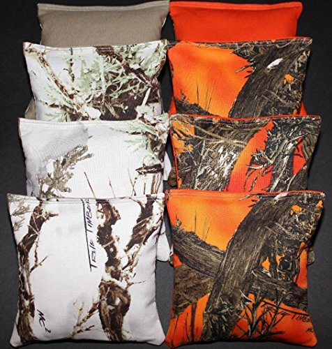 BackYardGamesUSA Cornhole Bean Bags All Weather Resin Filled Orange & White Timber Camo Hunting Fishing