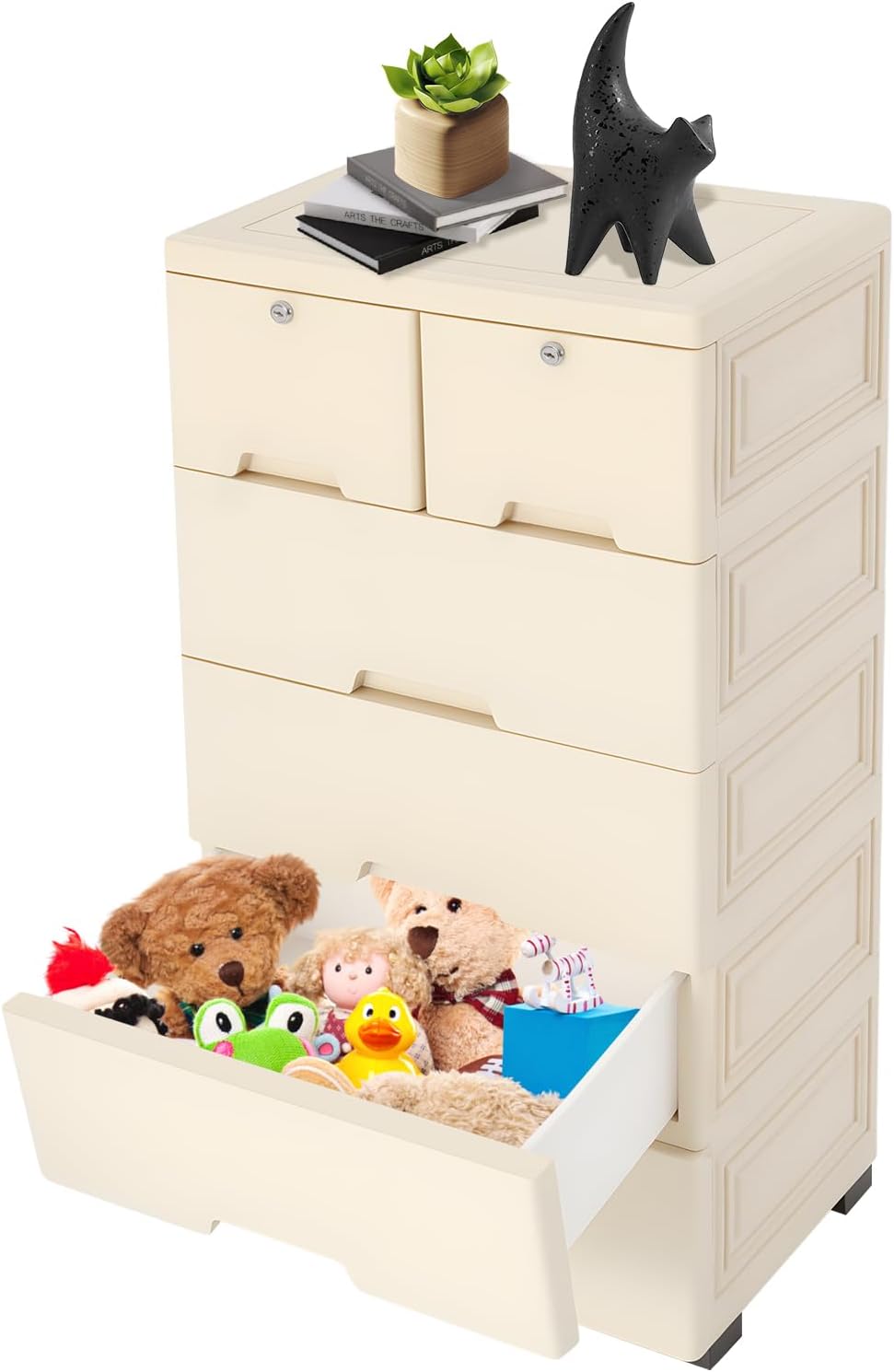 Storage Cabinet with 6 Drawers,Plastic Storage Bins with Wheels,Stackable Design Organizer,Large Capacity Tall Dresser,Suitable for Storing Clothes, Toys,Children's Books,Ect,(Beige Color)
