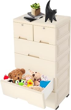 Plastic Drawers Dresser, 5-Tires 6 Drawers Organizer Storage Cabinet, Lockable Closet Chest Tall Standing Storage Bins, Night Stand Dresser Tower for Bedroom, Bedside, OfficeBeige