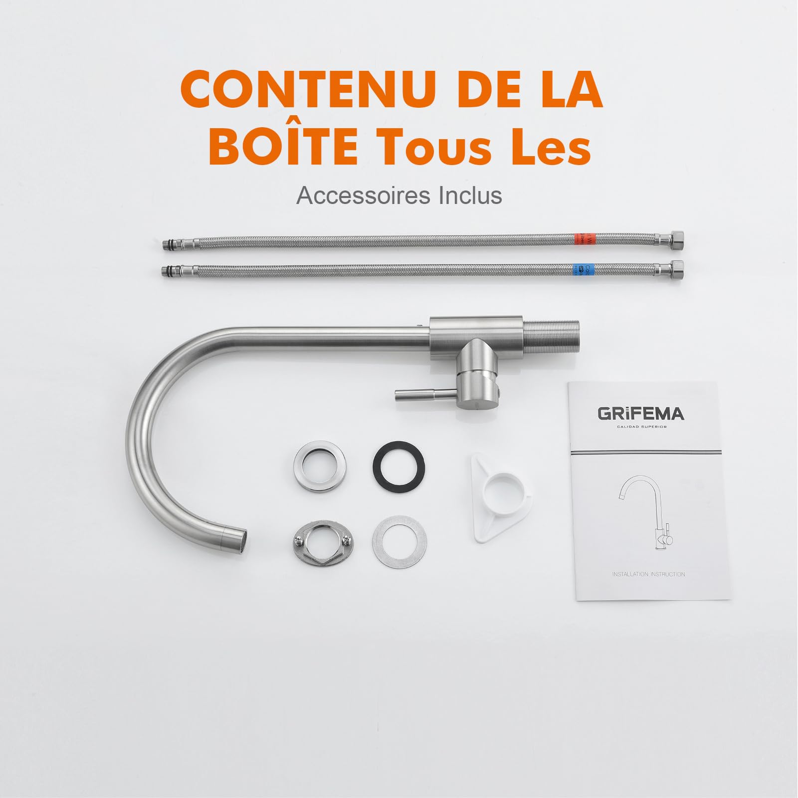 GRIFEMA G4008 Robinet de Cuisine Mitigeur Évier à Poignée Unique, Arc Élevé 360, Acier Inoxydable