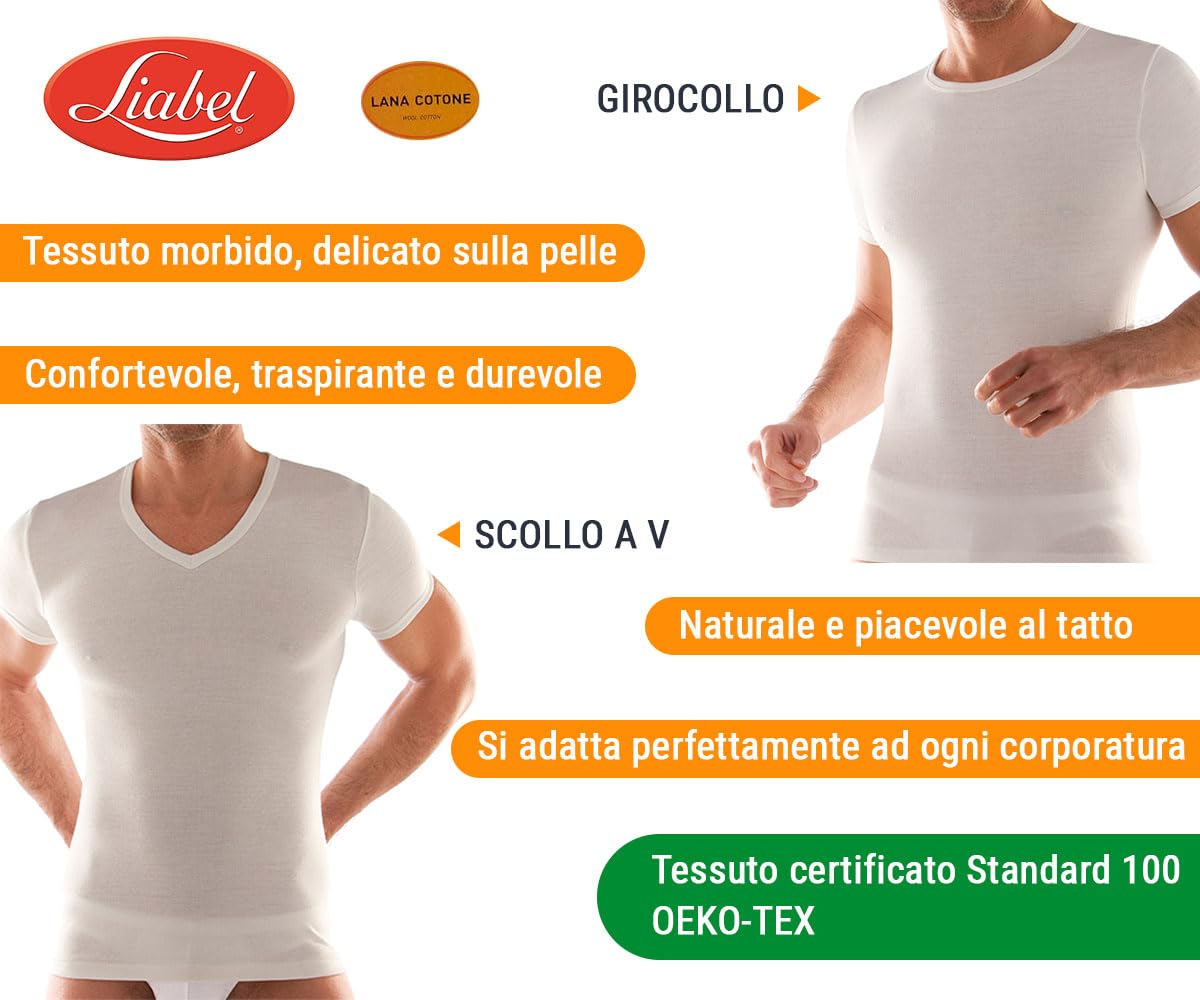 Liabel Maglia Intima Uomo Lana Cotone Girocollo Art. 5110-23, Conf. 3 pz, Bianco, L