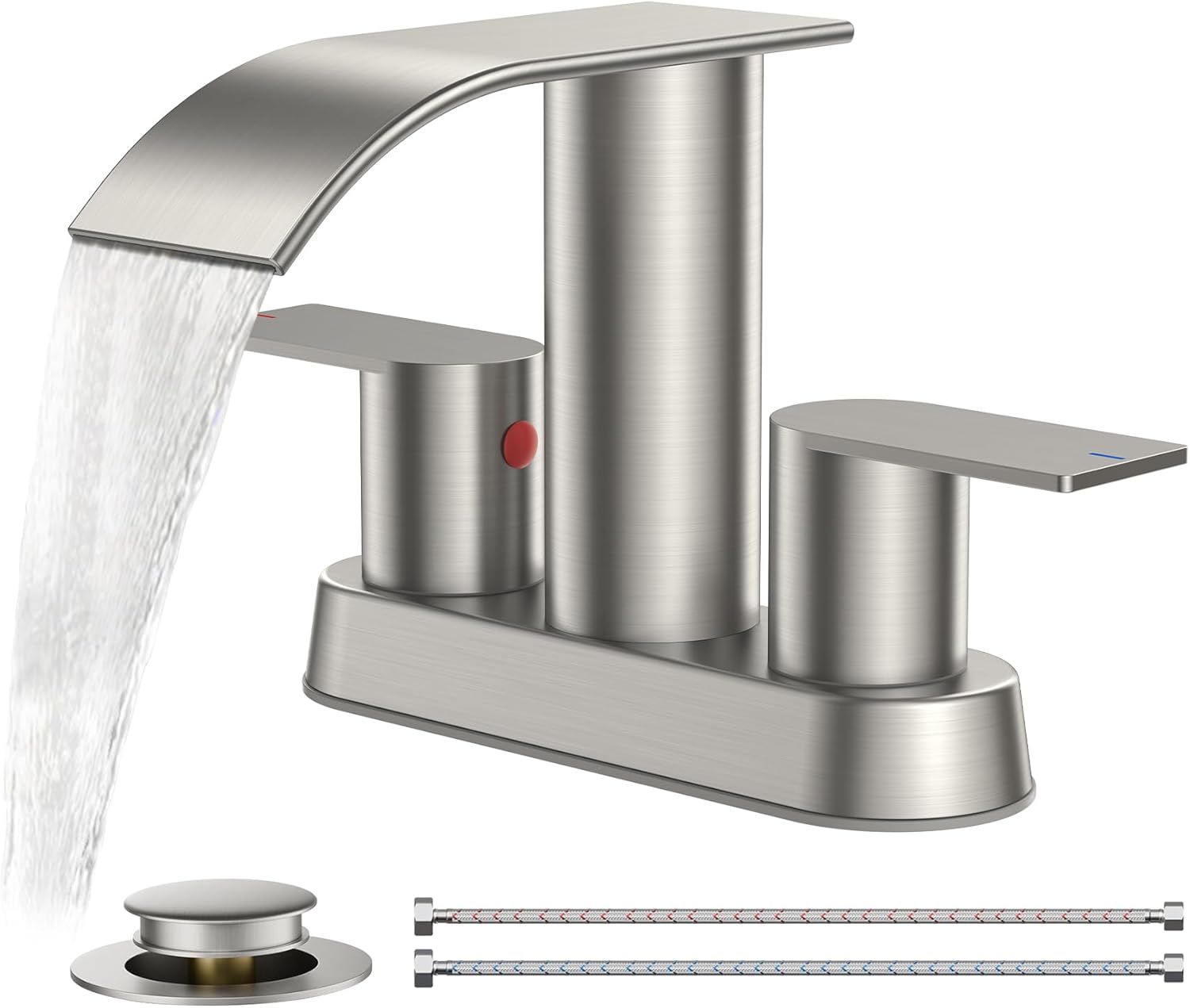 FORIOUS Brushed Nickel Bathroom Sink Faucet, Waterfall 4 Inch Centerset Bathroom Faucets with Metal Pop up Drain and cUPC Hose for Basin,Vanity, Rv, Lavatory 2 or 3 Hole Sink