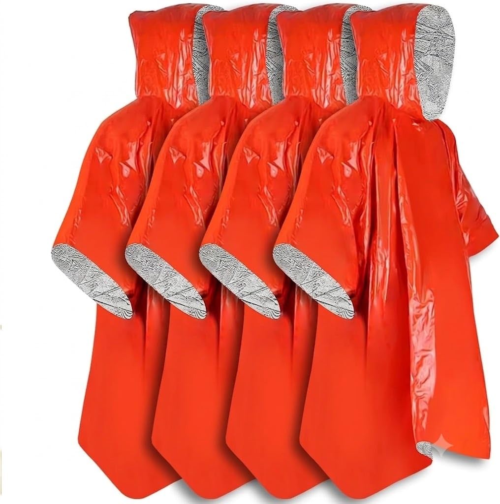 Emergency Rain Poncho, Survival Blanket Thermal Wear Portable Foil Shelter Waterproof Windproof Reflective Hooded Blanket for Camping Hiking(1Pcs, Orange)-picture-33