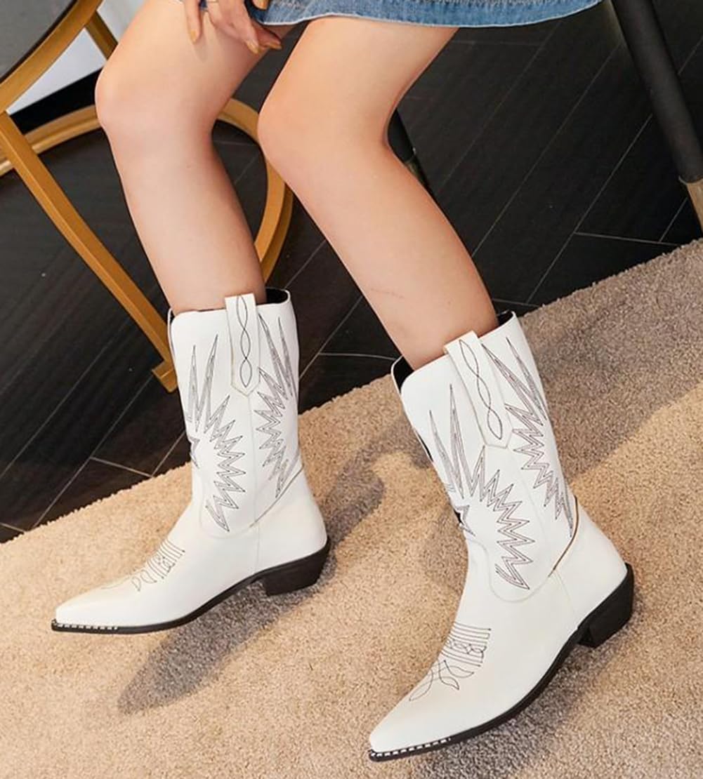 Stivaletti da Cowgirl Occidentali Donna, Stivali Country Casual in Pelle con Punta Tagliata Ricamata retrò, Stivaletti Classici Comodi con Tacco Basso e cuciti