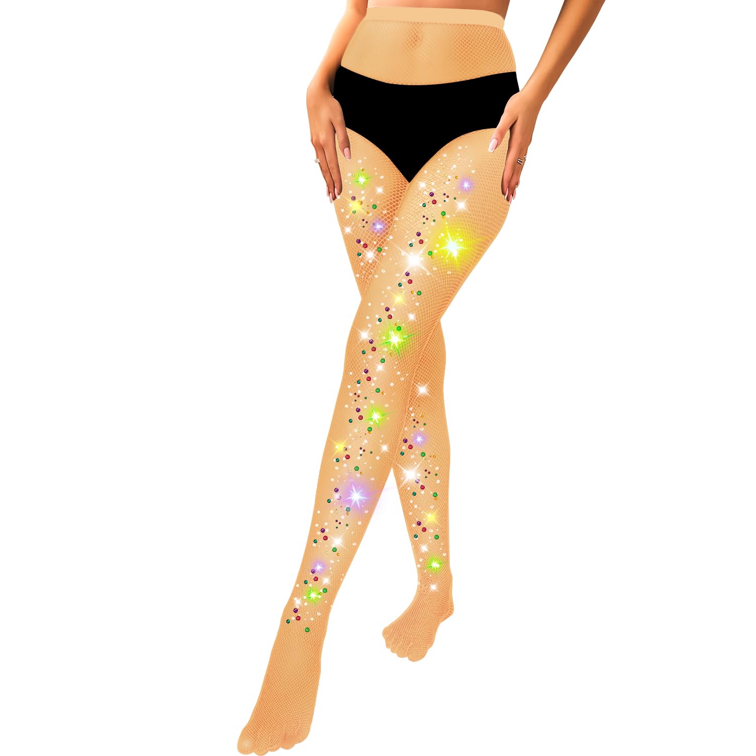 K Bkvava Women's Nude Sparkly Fishnet Tights Rhinestone Small Net Front Colored Diamonds Fishnets,