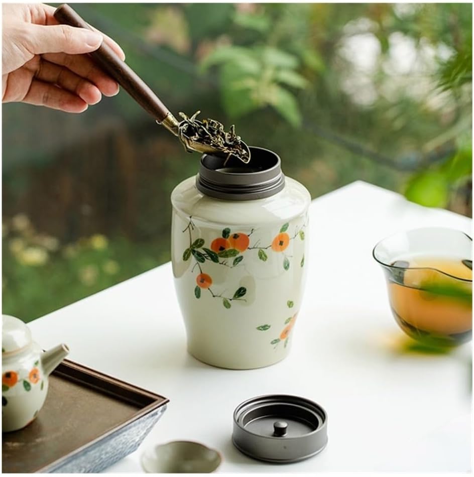 Tea Container Hand-painted Persimmon Pattern Tea Canister Ceramic Double Lid Sealed Puerh Storage Warehouse