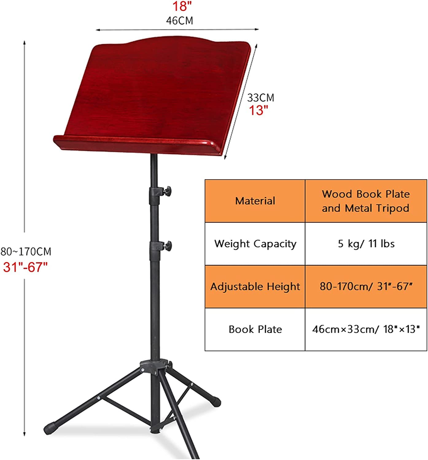 Atriles de música de Altura Ajustable, Soporte de música portátil, atriles de partituras Plegables, Estante de Almacenamiento de Metal de Madera, trípode, Color Madera (Rojo)