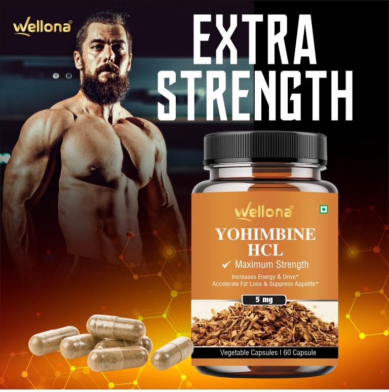 Image of Wellona Yohimbine HCL 5mg Capsules | Yohimbe Extract Pre-Workout Supplement | Vegan Energy & Focus Formula for Men & Women | Premium Herbal Capsules | 60 Capsules (Pack of 3)