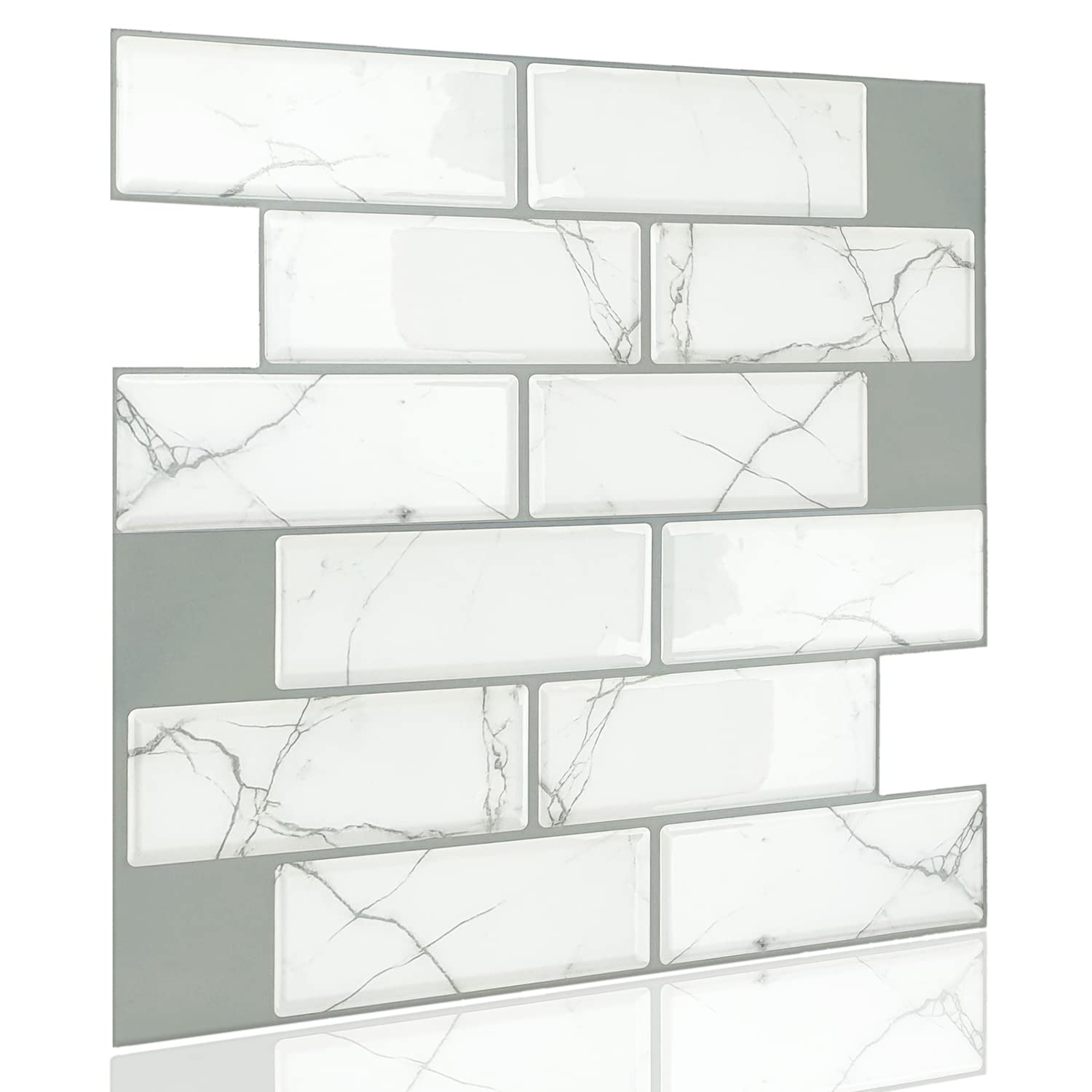 WALPLUSWhite Marble eclectric 3D Metro Sticker Tiles 30 x 15cm Premium Wall Splashbacks Mosaics, Self Adhesive, Glass Effect, Peel and Stick, Bathroom Decoration, DIY, Kitchen Décor