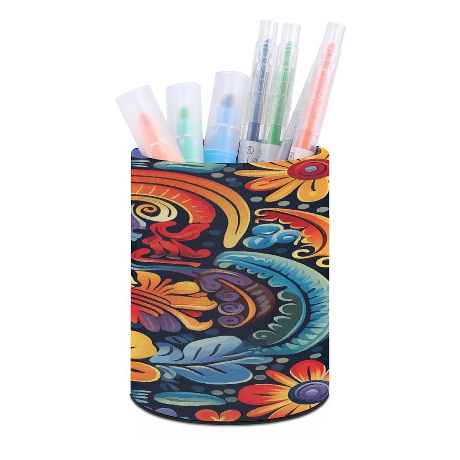 Mexican Pen Holder Multi-Functional Round Pencil Holder Cute Office Decoration Pen Cups Simple Design PU Leather Paintbrush Cups for Home Office Desk
