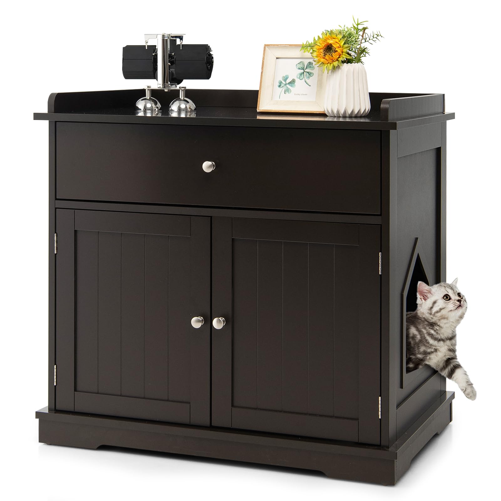 GOPLUS 3 in 1 Katzenschrank, Katzenklo mit Schubladen, Doppeltüren und Katzenlöchern, versteckte Katzentoilette, Katzenstreu-Beistelltisch für Wohnzimmer, Schlafzimmer & Balkon (Braun)