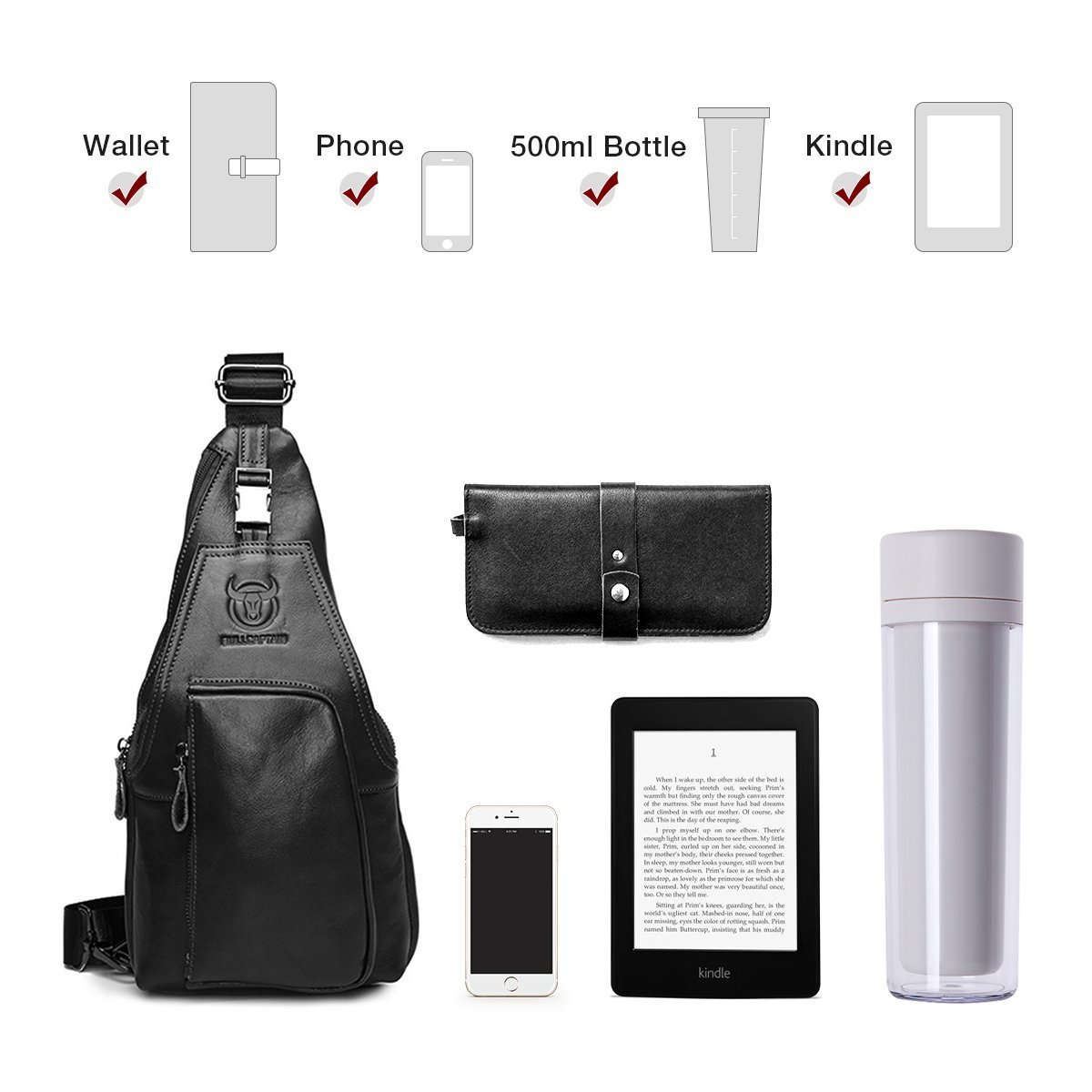 Bolso de pecho de cuero genuino para hombre, bolso cruzado de hombro, bandolera, mochila de mensajero, mochila para negocios, casual, deporte, senderismo, viajes, negro, Negro - 6