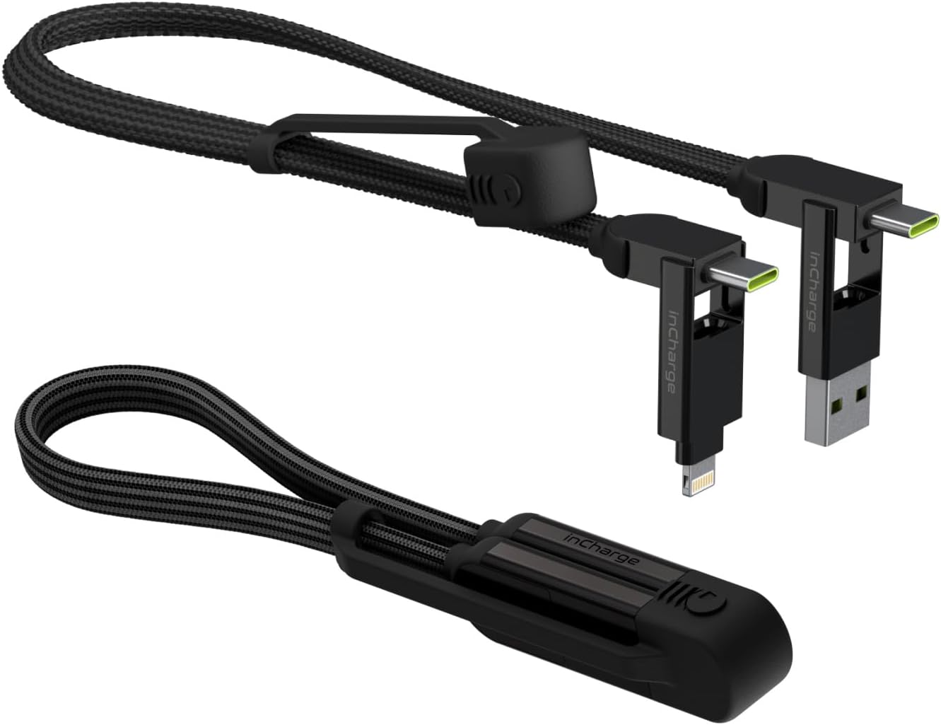 inCharge XL 30 cm - Keychain with USB-C Cable, Universal Smartphone Cable, Gift for Men, 6-in-1 Universal Charger, Technical Gadget, Black, Lightning Cable 100W