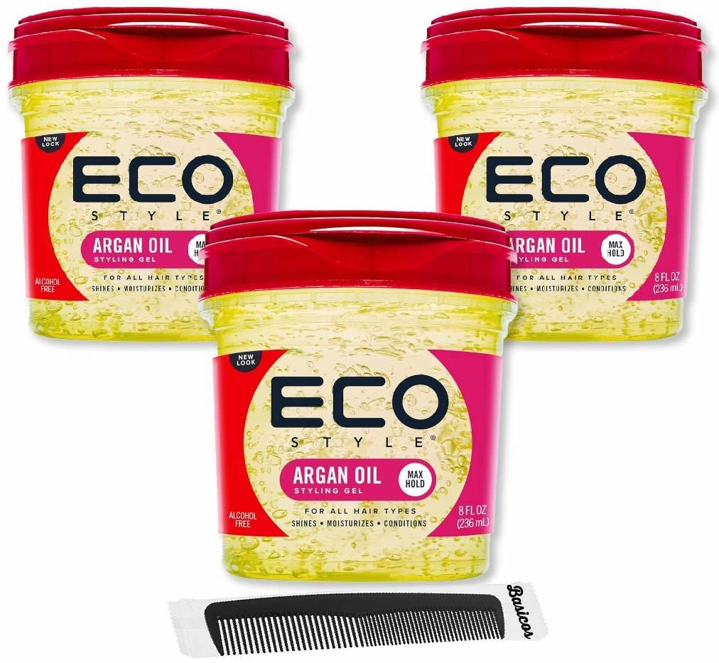 3Pack Eco Style Moroccan Argan Oil Styling Gel - Promotes Healthy Hair, Nourishes and Repairs - Long-Lasting Shine, Maximum Hold, Frizz Control - Ideal For All Hair - 8 oz each + Bonus Comb