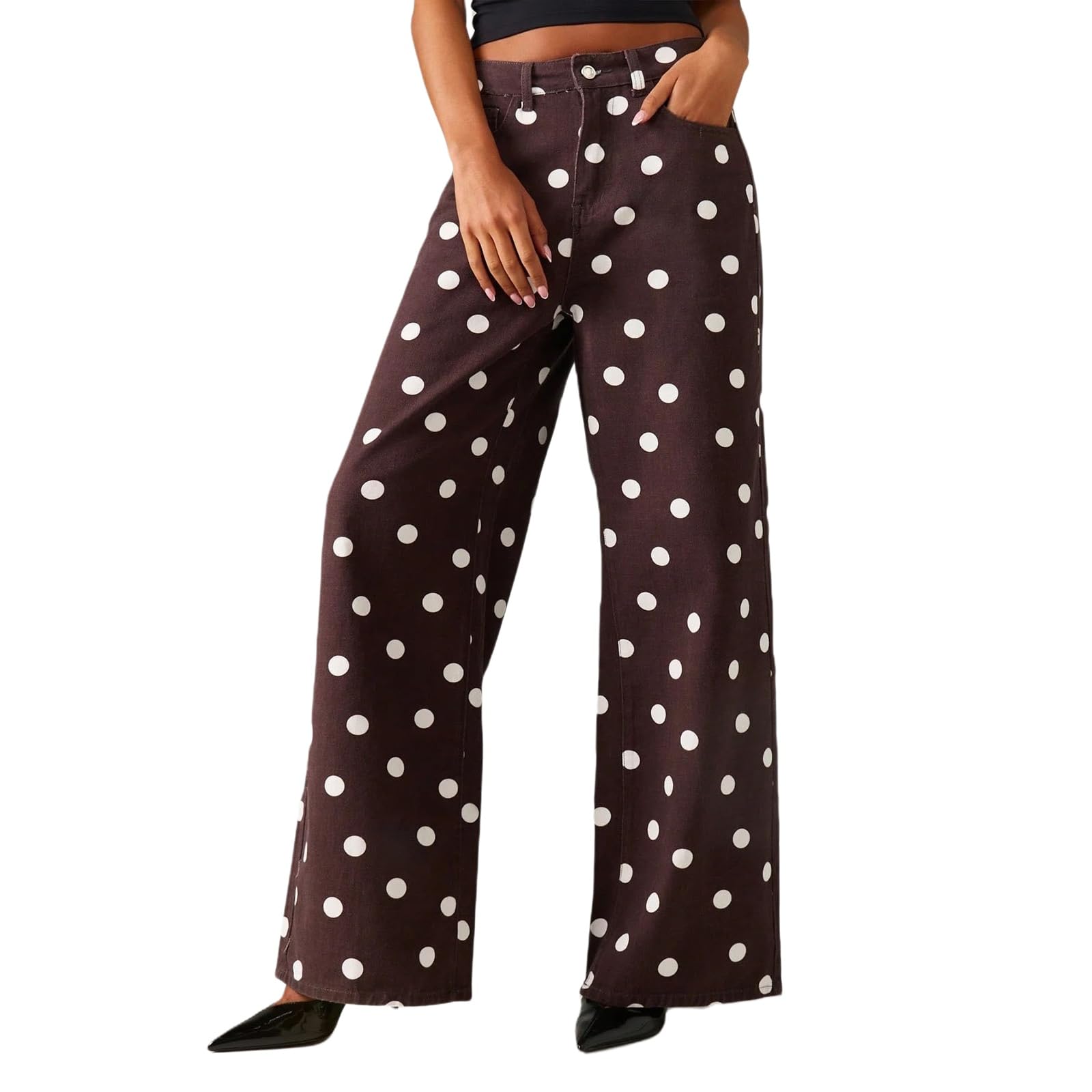 Jeans da Donna a Vita Alta in Denim con Stampa a Pois, Gamba Larga e Taglio Boyfriend Dritto e Ampio (Stile Y2K)