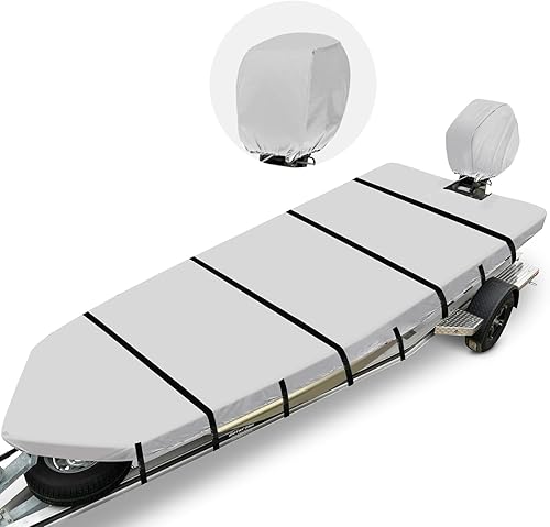 Miniatura 8 de Jon - Funda para barco de 14 pies, 600D resistente al agua, remolcable de 14 pies con cubierta de motor, lona de grado marino, color gris