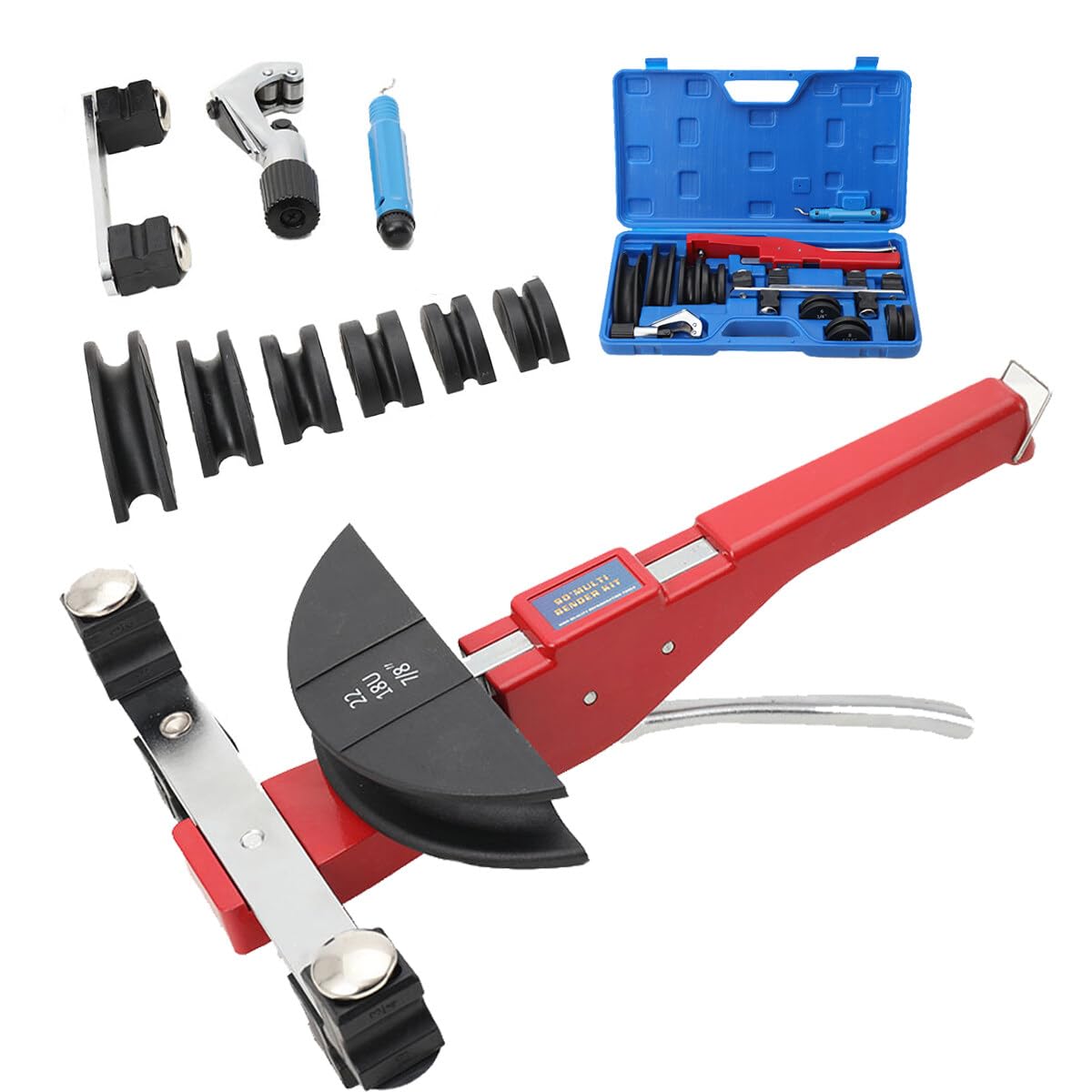 Curvatubi Manuale Ø 6-22 mm, Utensile Piegatubi Manuale Curvatubi Multistrato, Pinza Piegatrice a 0-90° per Tubi a Mano con 7 Stampi Pesanti per Tubi in Ottone, Rame, Alluminio