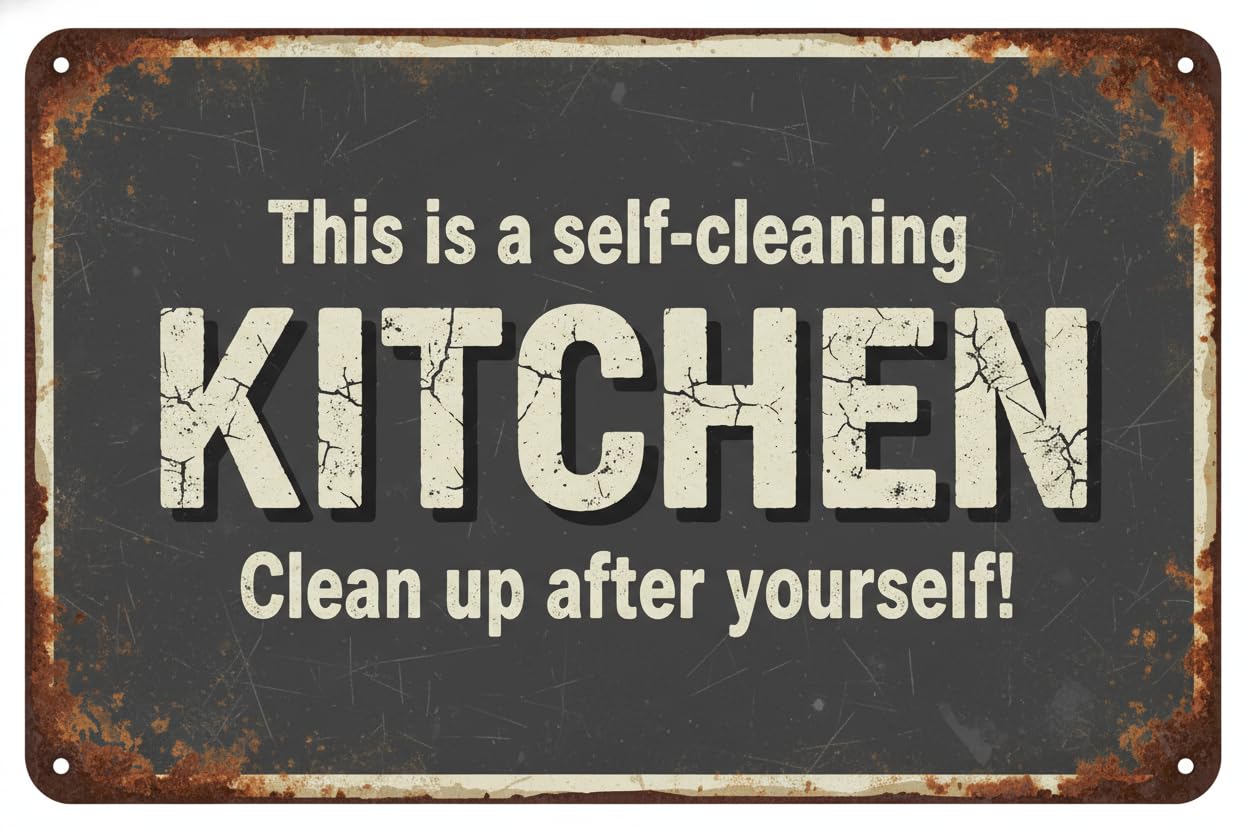 Self-Cleaning Kitchen Warning Tin Sign, 12x8 Inch Decor