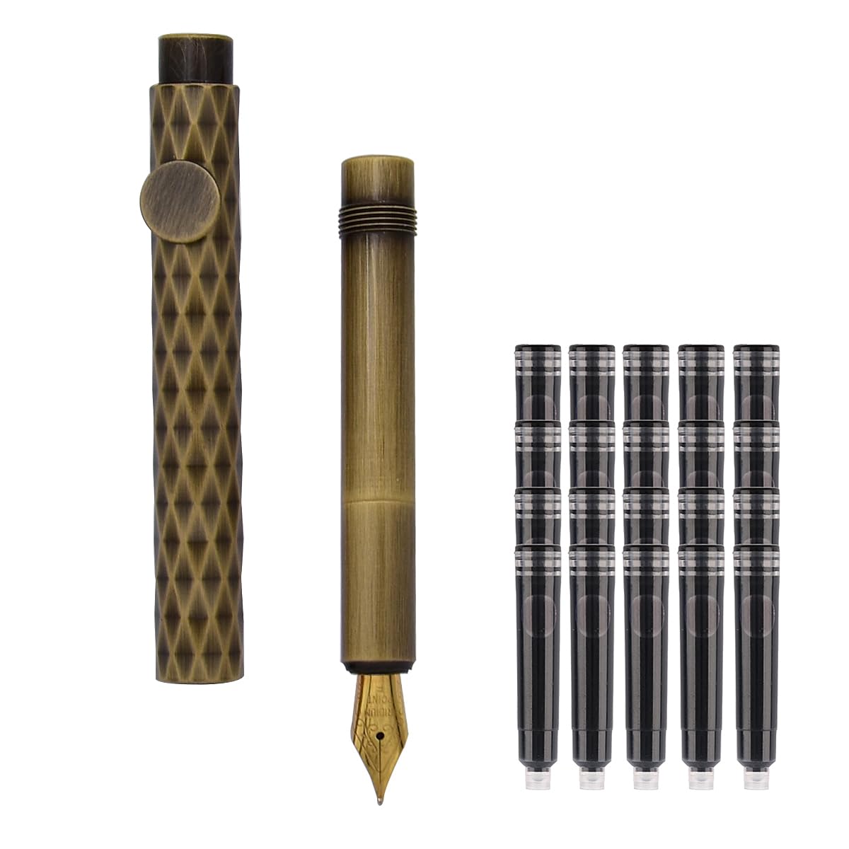 SIPLIV Bronze Fountain Pen Short Paragraph Pocket Mini Travel Fountain Pen with 20 Pcs Black Ink Cartridges - Rhombus, Iridium Extra Fine Nib(0.38mm)