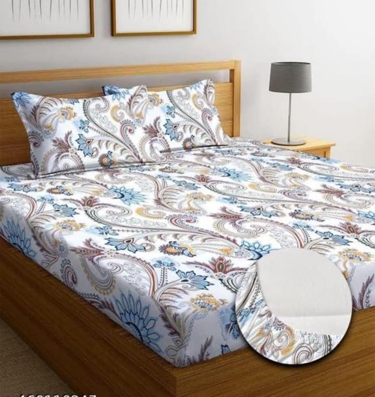 Geeta Homes Premium Cotton Feel Glace Cotton 210 Tc Elastic Fitted Bedsheets with 2 Pillow Covers Double Bed with Corner Elastic Floral Pattren |Size-72X68+ 6 Inches Homes 658