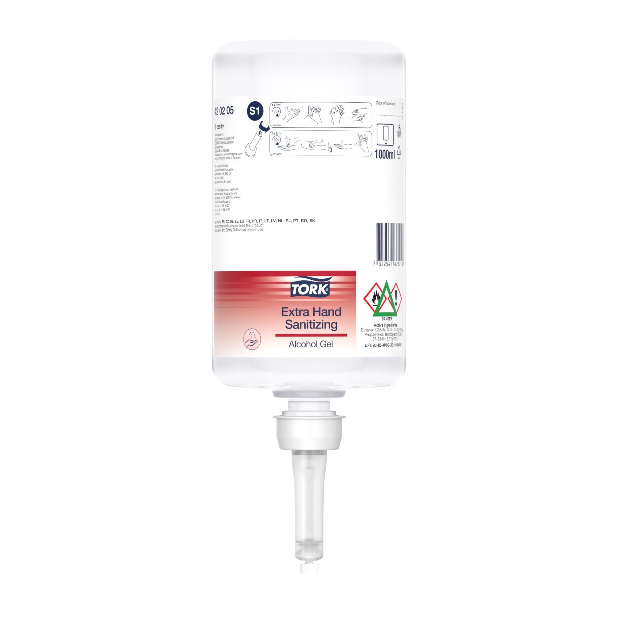 Tork Extra Händedesinfektionsgel S1, Desinfektionsmittel ohne klebrige Rückstände, 6 × 1.000 ml, 420205