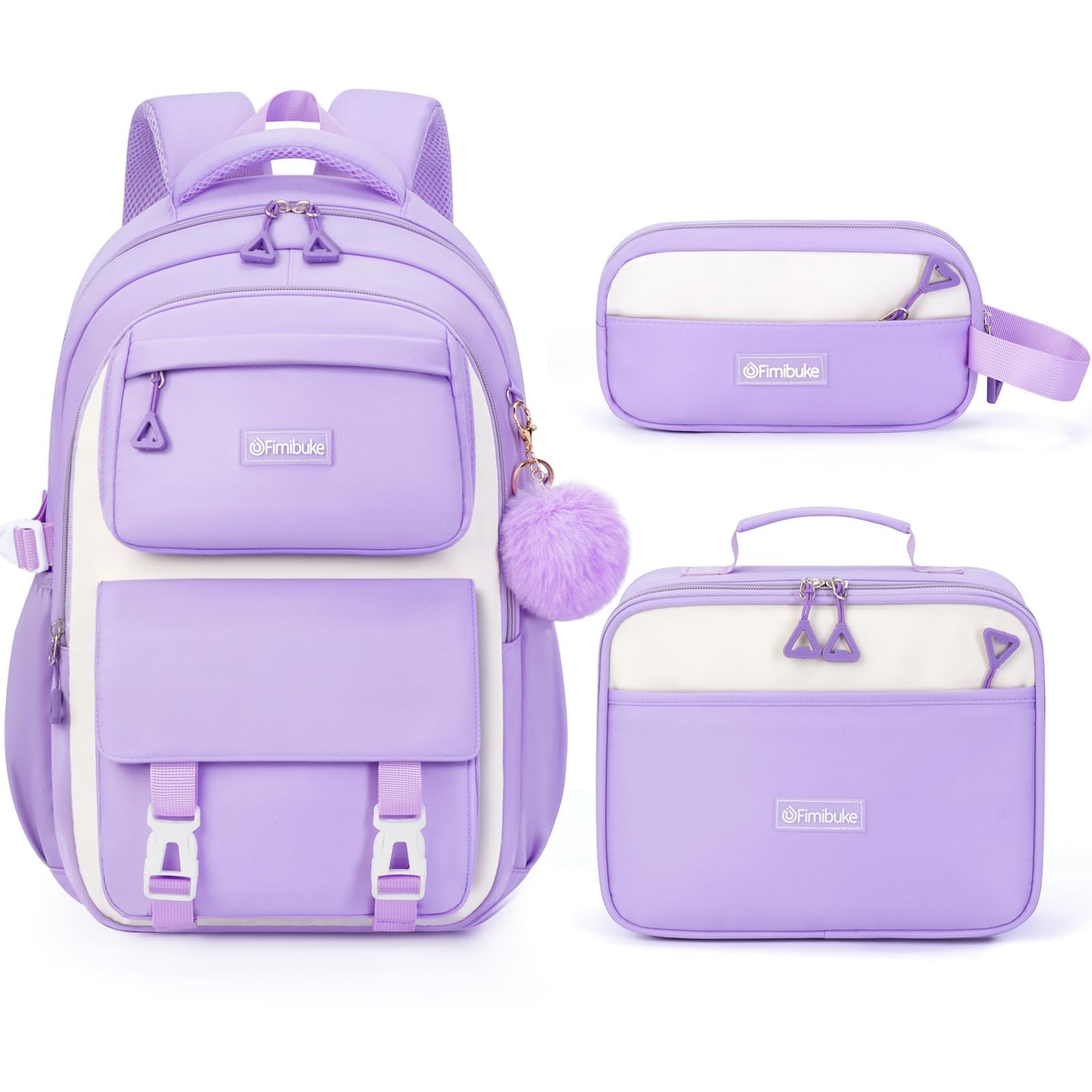 Fimibuke Backpacks for Girls, 3 PCS Waterproof School Backpack with Lunch Box, Pencil Pouch Set for Kids Teens Girls, Cute Bookbag School Bag for