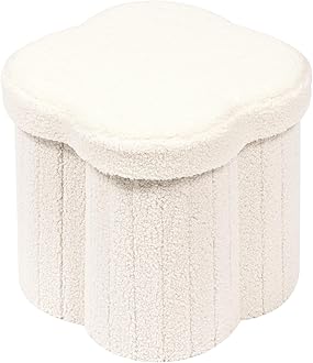 Bonlife Boucle Flower Ottoman Storage Stool, Folding Storage Box Footstool for Living Room, Multi-functional for Small Space Cream White 32x32x32cm