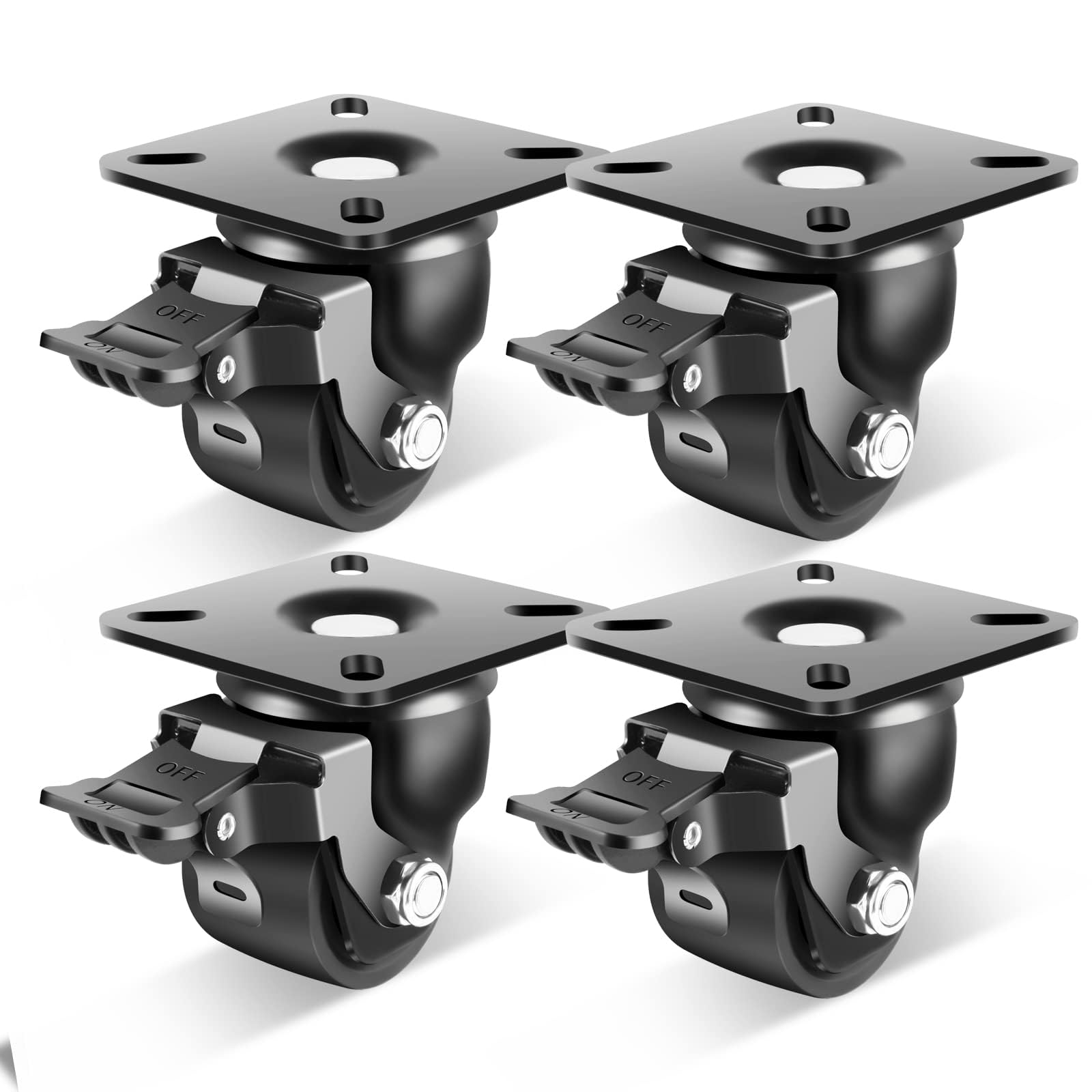 – 2 Inch Caster Wheels With Brake - Extra Width Plate Swivel Set of 4, Heavy Duty Load Capacity 2200 LBS, Low Gravity Center, Durable & Quiet Nylon Wheels for Industrial Use
