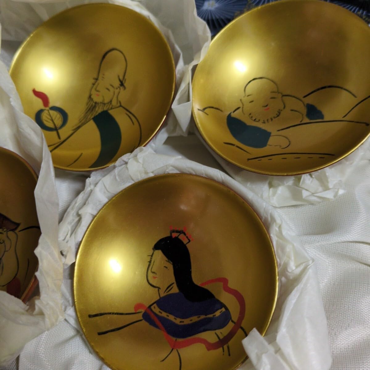 会津塗 七福神 ぐい呑みセット 朱塗り 漆器 天然木 うるし塗装 盃