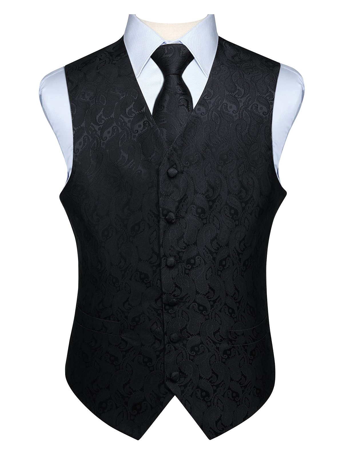 Enlision Men's Black-1 Paisley Floral Wedding Party Jacquard Waistcoat&Necktie And Pocket Square Vest Suit Set, Xl(Chest Size 48Inches)