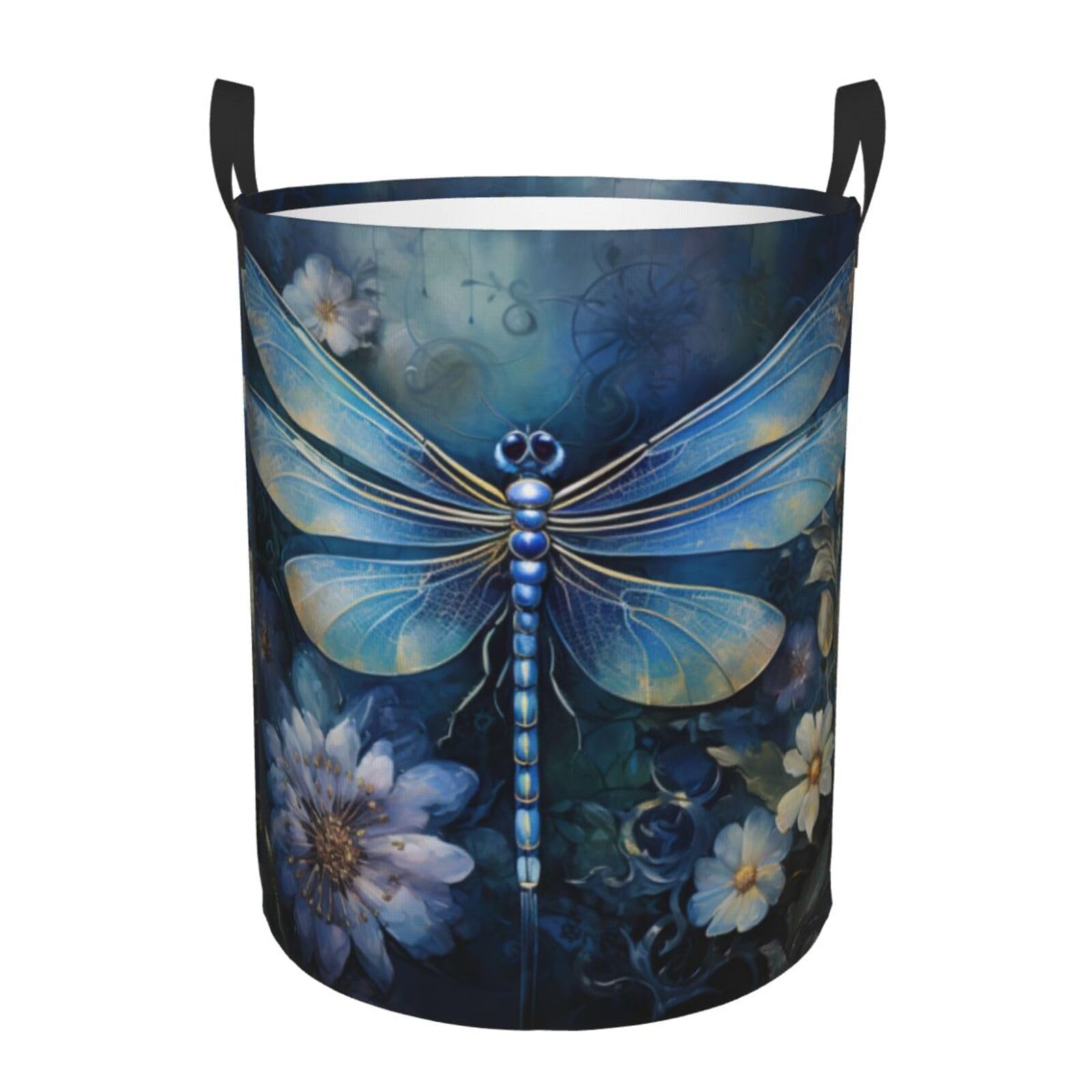 M Collapsible Laundry Hamper Round Art Blue Dragonfly Print Storage
