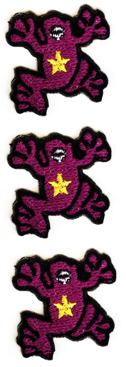 GS912 Mini Small Cartoon PatchesSet 3 Pcs Purple Frog Animal Yellow Star Stickers Iron On Sewing Embroidered Badge Applique Logo Clothes Jacket Jeans Cap Backpacks for Kids or Gift Set (09)