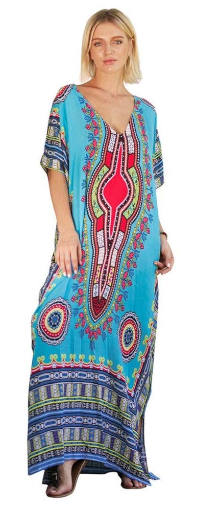 Women's Beachwear Long Dress Cover Ups V-Neck Kaftan Printed Short Sleeve Swimsuit for Summer Holiday Kaftan Beach Dress Tunic Caftan Swimsuit Turkish Bikini Cover Up