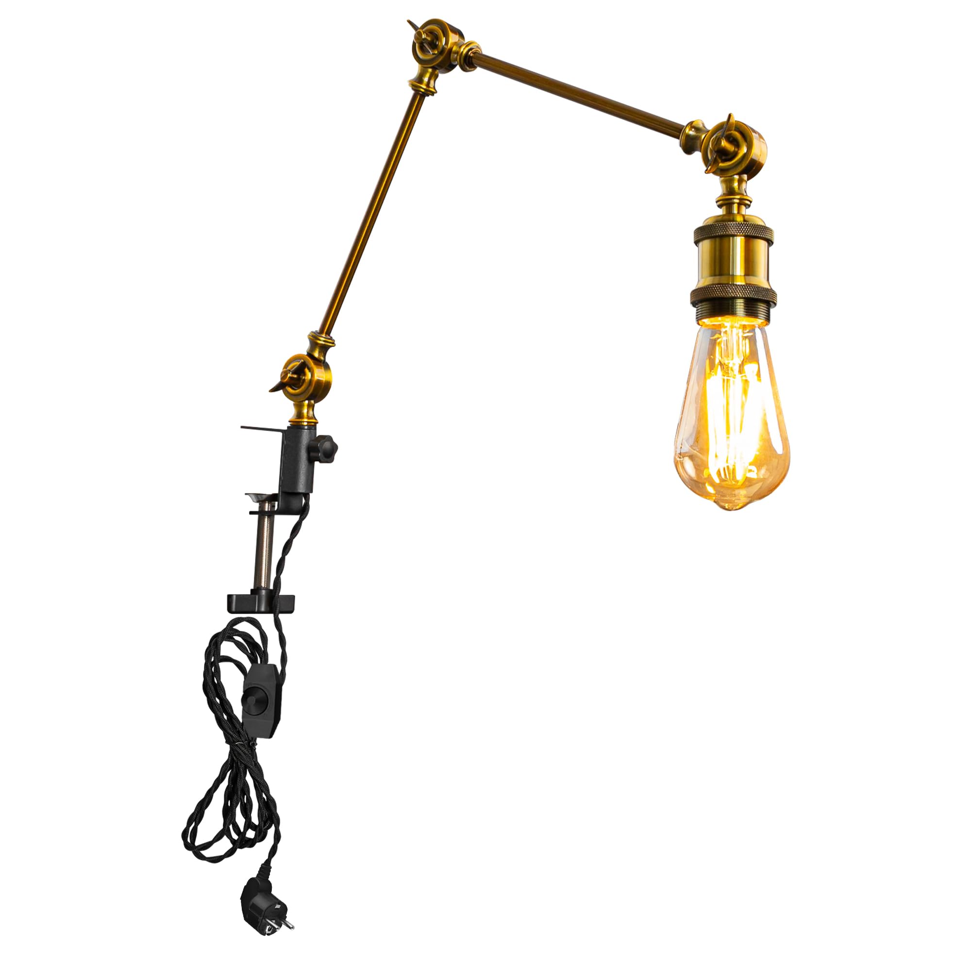 Retro Klemmleuchte, Einstellbar Clip auf Schreibtisch Leselampe,Gold Clamp Nachttischlampe mit Flexarm, 1x E27 Fassung max. 60 Watt für Schreibtisch, Nachttisch, Regal - B2SJ