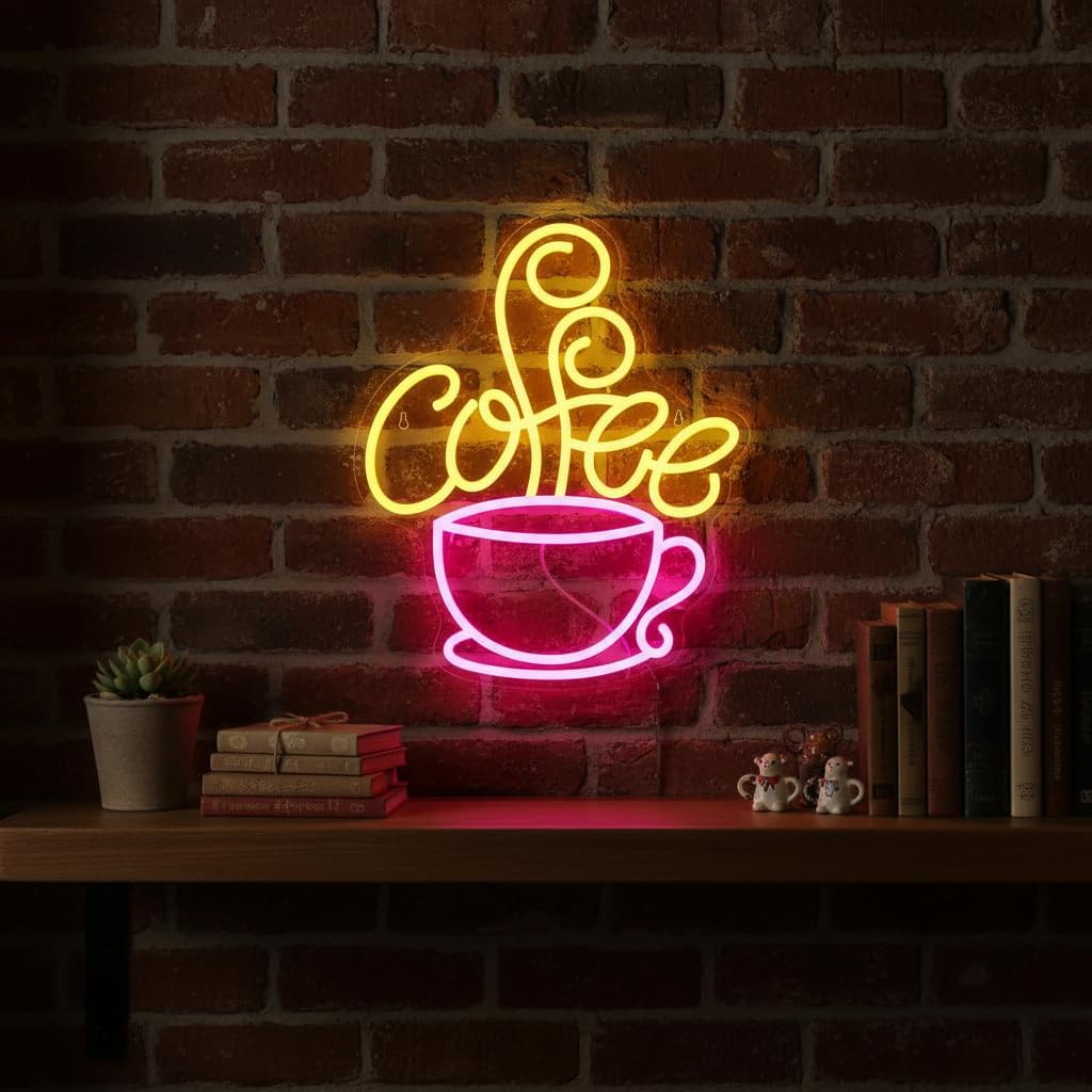 Coffee Neon Sign for Coffee Bar Decor, Dimmable Pink&Yellow Neon Lights for Kitchen, Cofe Station, Bar Area, Café, Lounge or Shop, USB Powered Retro LED Wall Decor Aesthetic for Home Decor