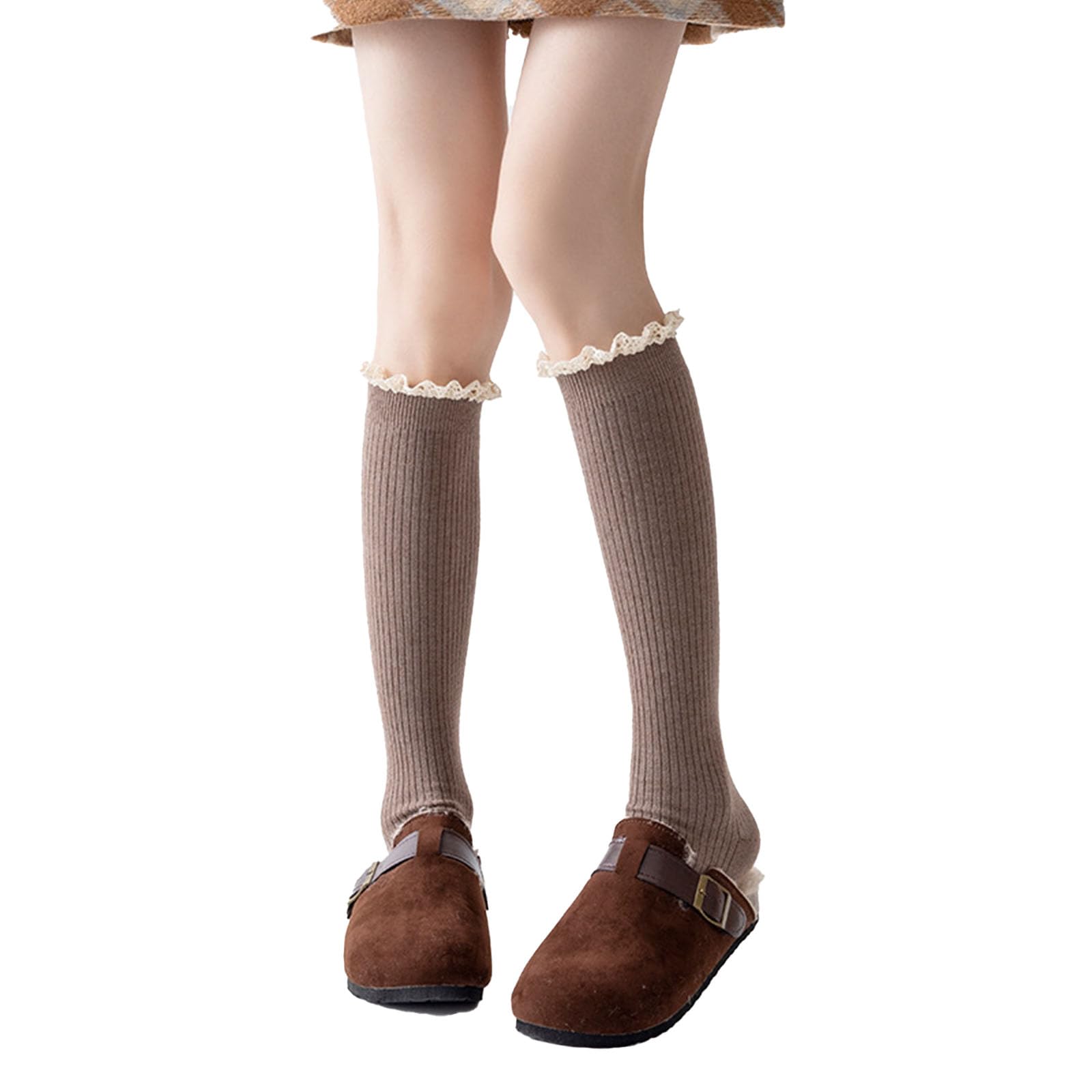 Women Cotton Knit Boot Knee High Socks Lace Trim Knee High Stockings Socks for Boots Casual Chic