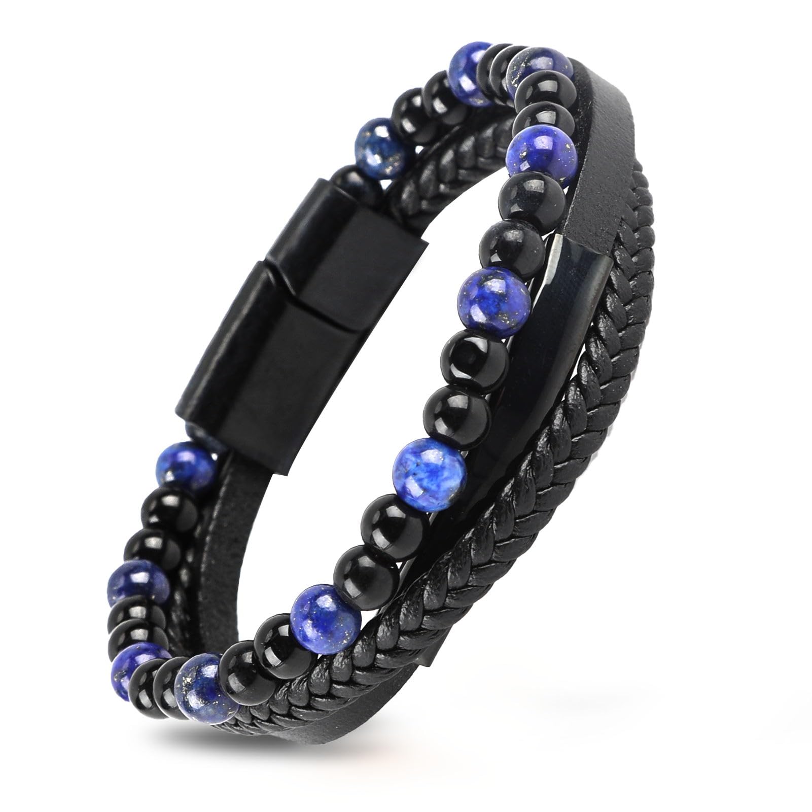 Tritmi Pulsera Hombre Personalizada, Pulsera con Perlas de Piedras y Cuero Cerradura Magnética de Acero Inoxidable, Regalo Novio, Navidad, Amor, Aniversario para Hombres a las Muñecas de 18 a 22 cm