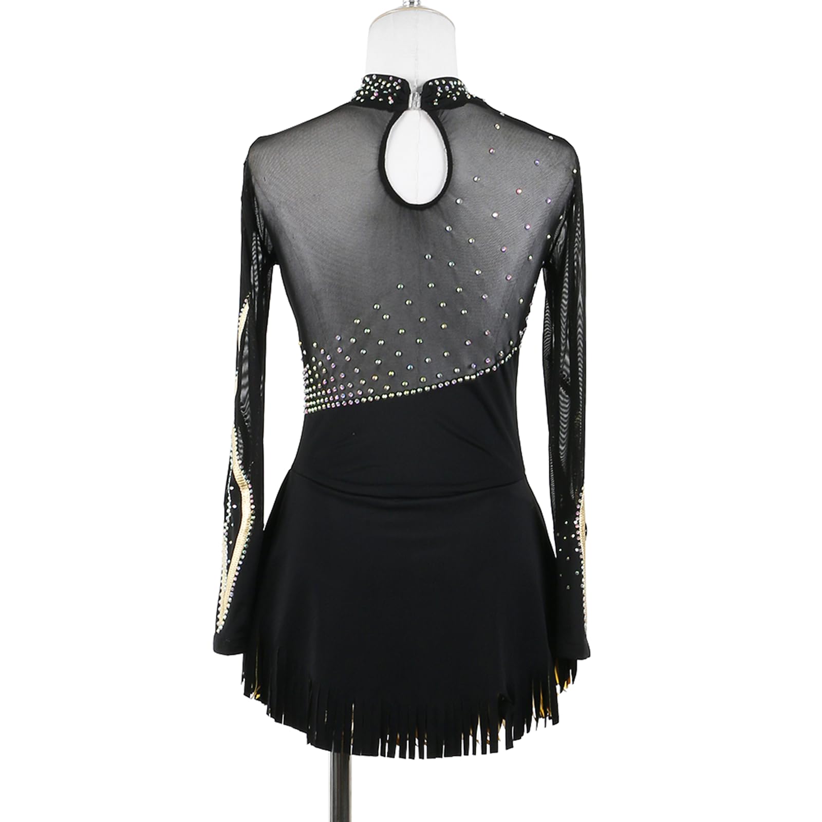 Vestido de Patinaje artístico, Malla con borlas y Diamantes de imitación, Traje de competición, Leotardo de Danza lírica y Gimnasia, Vestido de Patinaje sobre Hielo (Negro S)