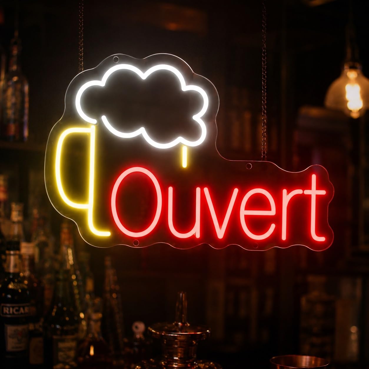 Signs Lamp "Ouvert" Neon Sign Beer Mug Open With Foam Design