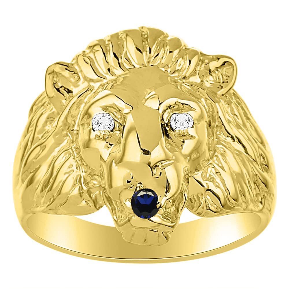 Rylos Lion Head Ring Color Stones Eyes &amp; Diamond Mouth – Fun Designer Rings in Sizes 8-13 in Yellow Gold Plated Silver