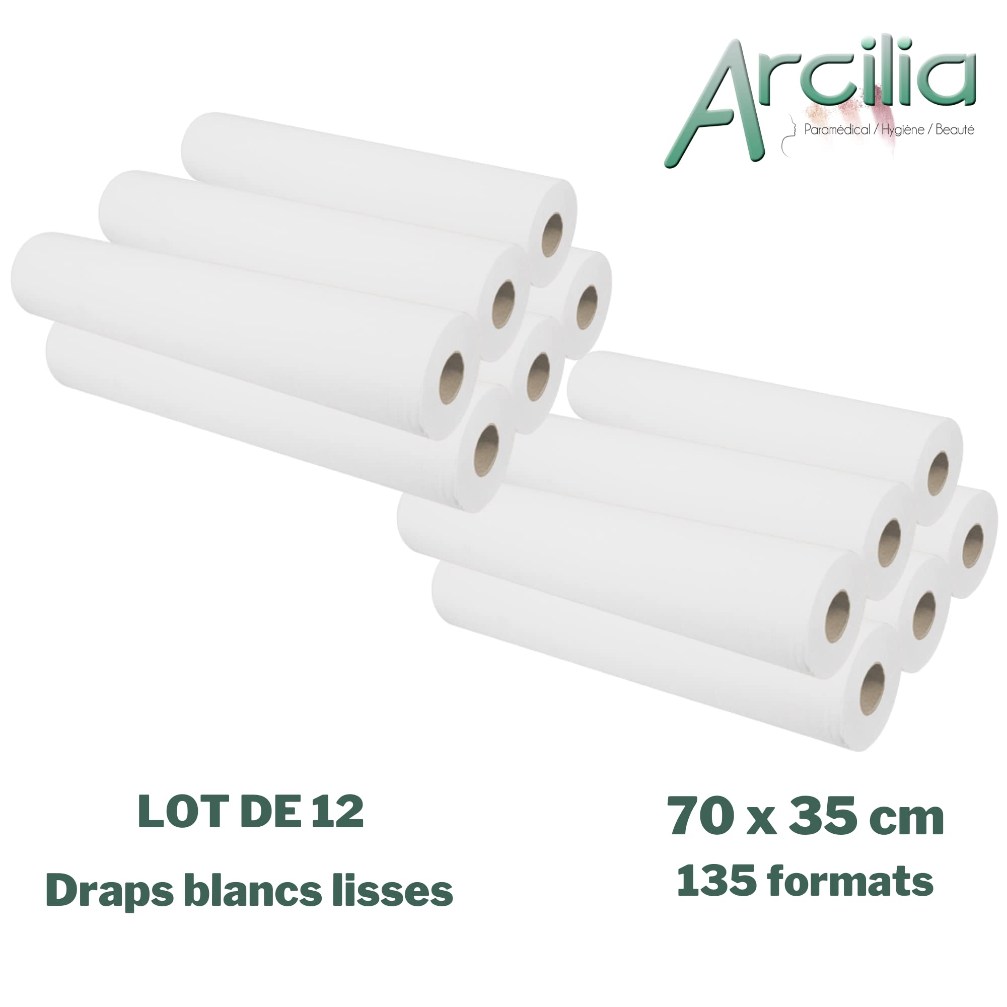 (ARCILIA) Draps d'examen lisses - Lot de 12 - dimensions 70 x 35 cm - 135 formats - Pure ouate - Médical, Protection épilation, Soins, Massages