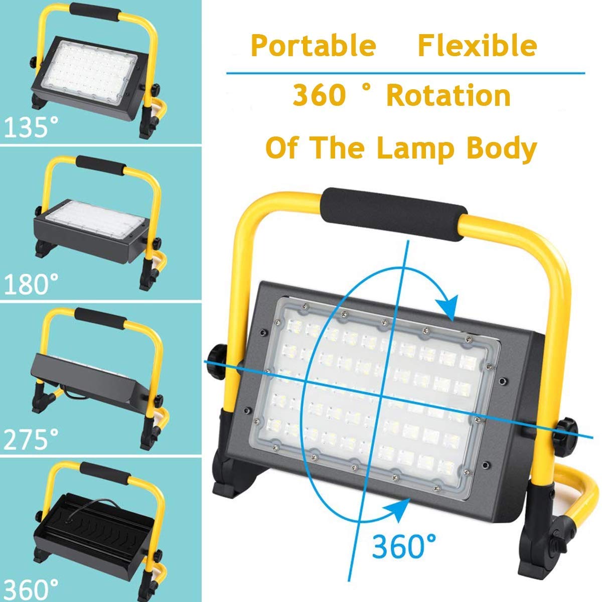 Lampa robocza LED z możliwością ładowania, przenośna lampa przeciwpowodziowa 50 W, wodoodporność IP65, regulowana za pomocą sznurka 4,9 m, zaawansowana soczewka optyczna, idealna do użytku na zewnątrz