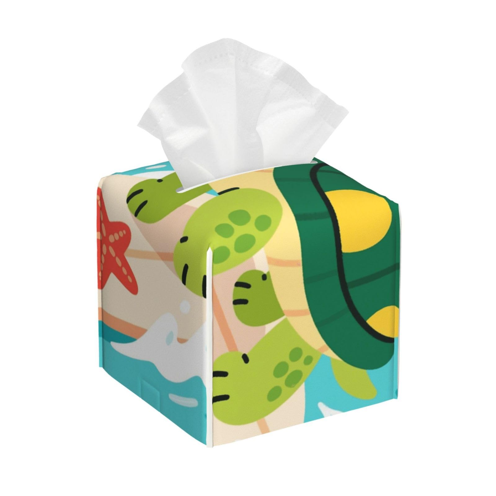 Pu Leather Cube Tissue Box Holders Modern Waterproof Square Tissue Box Cover Cute Turtle Facial Paper Holder for Bathroom Kitchen Nightstand Office Home Decor