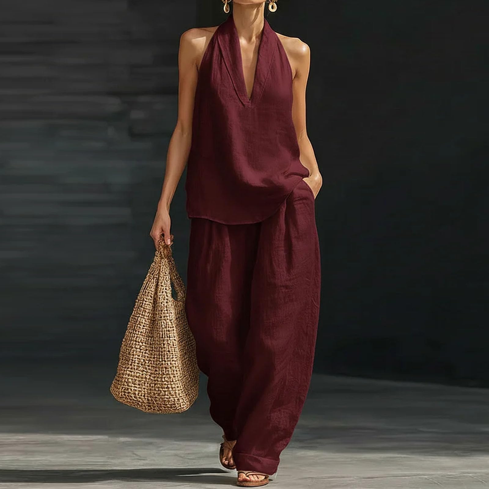 Ropa de Lino Mujer Verano Conjuntos 2 Piezas Suave No Transparente Top Cuello V y Pantalones Anchos Traje Casual Elegante Conjunto Playa Vacaciones Outfit Moda Primavera