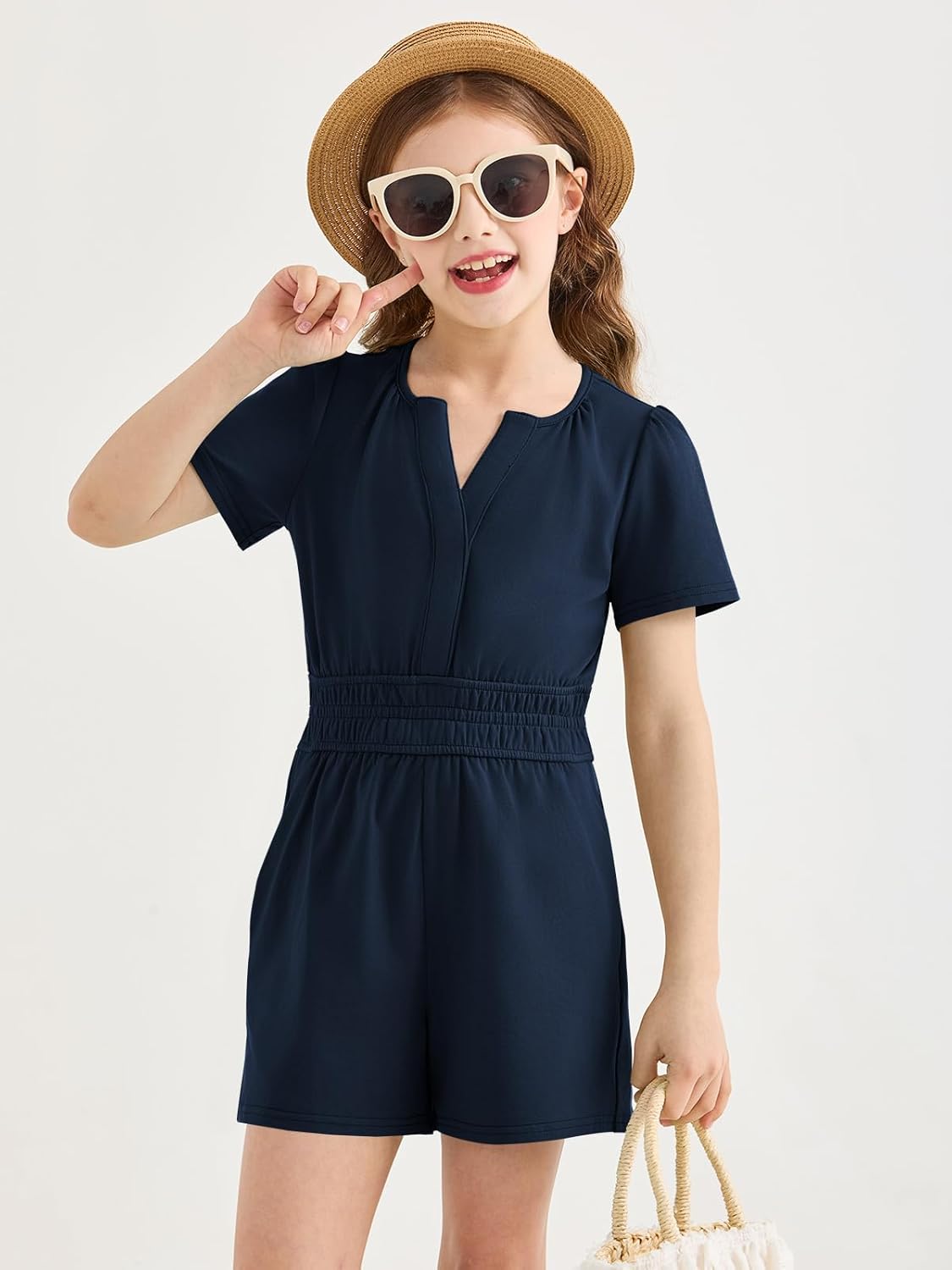 Haloumoning Girls Romper Kids V Neck Short Sleeve Elastic Waist Summer Outfits Casual Short Jumpsuit with Pockets 5-14 Years