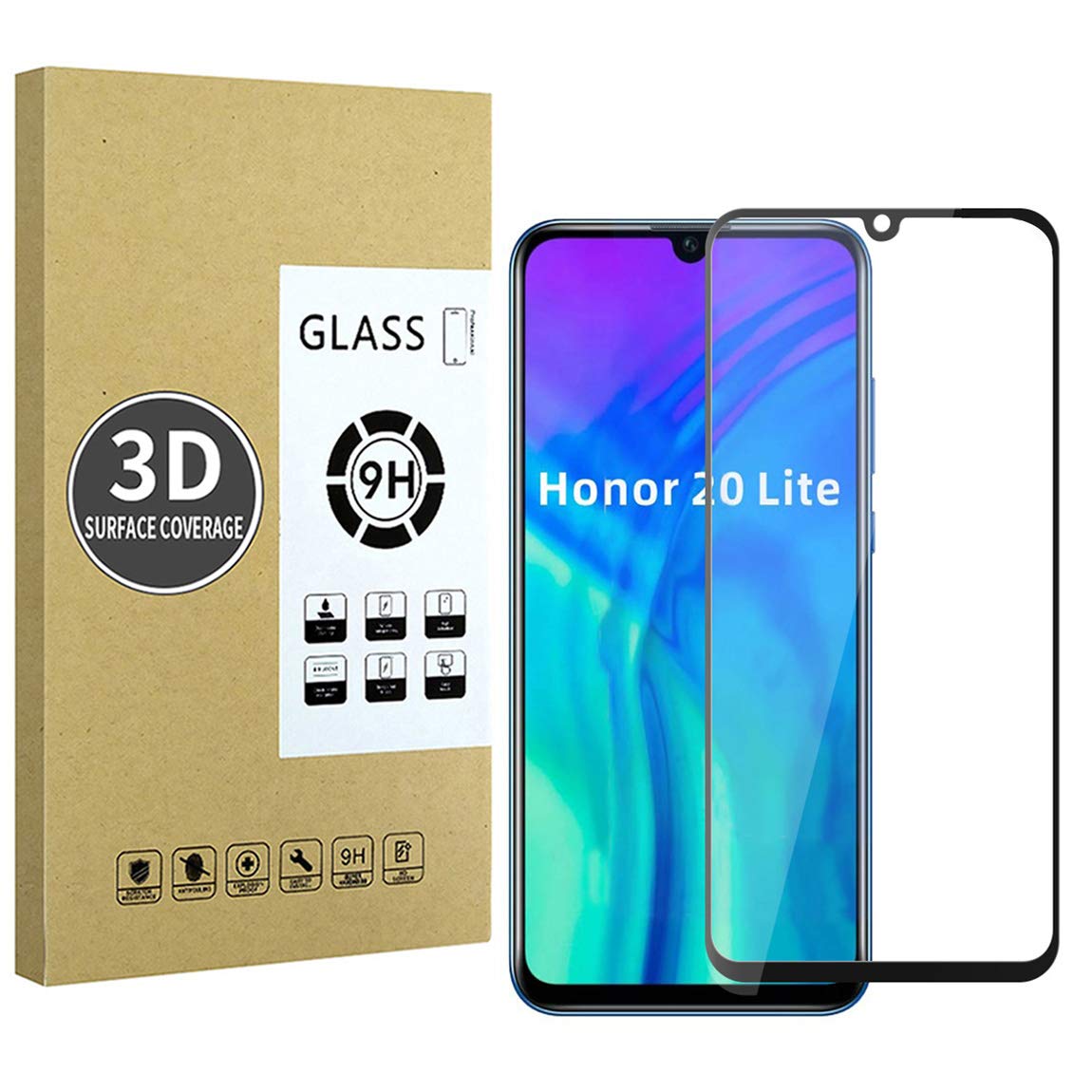 E-Hamii Screen Protector compatible with Huawei Honor 20 Lite [Black],[High Definition][Anti Scratch],3D Tempered Glass,[Sensitive Response][ Bubble-free Installation]